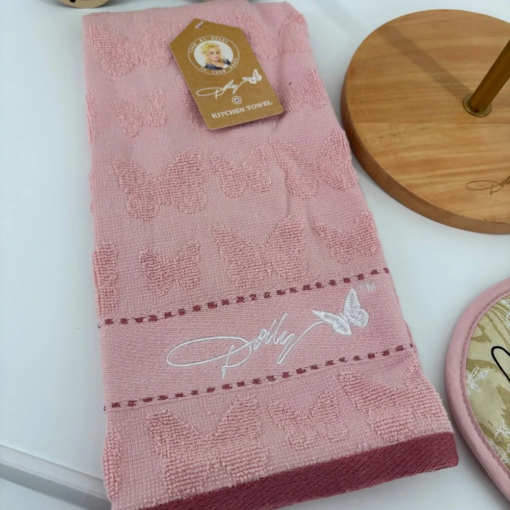 Dolly Parton Kitchen Country Farmhouse Decor Set 5pc Pink Gold Butterfly NWT New